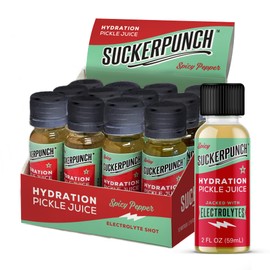 Suckerpunch Electrolyte Pickle Juice Shot, Spicy Dill Flavor, Gluten Free, Post Workout, Sports Drink, Hydration, Low Calorie, Muscle Cramp Defense, Potassium, Keto Friendly, Non GMO, 2oz, 12ct