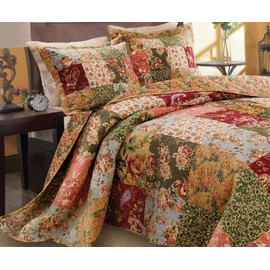 3 Piece Oversized Full Bedspread Quilt Set to The Floor, French Country Patchwork Pattern, Floral Paisley Prints, Red Coral Moss Sage Green Mustard Yellow Golden Tan Navy Blue - Beautiful Colors!