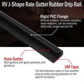 RV J-Shape Rain Gutter Rubber Drip Rail 40Ft, 1/2 Inch RV Trim Molding, Weather Stripping with Self-Adhesive, Roof Rain Diverter Fit for Car, Truck, Boat and Home Application (Black)