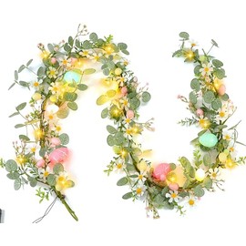 Guirnalda de Pascua para manto, guirnaldas de eucalipto sintético de 6 pies con margarita, flor rosa y huevo, 20 luces LED, temporizador automático a pilas, flexible para decoración del