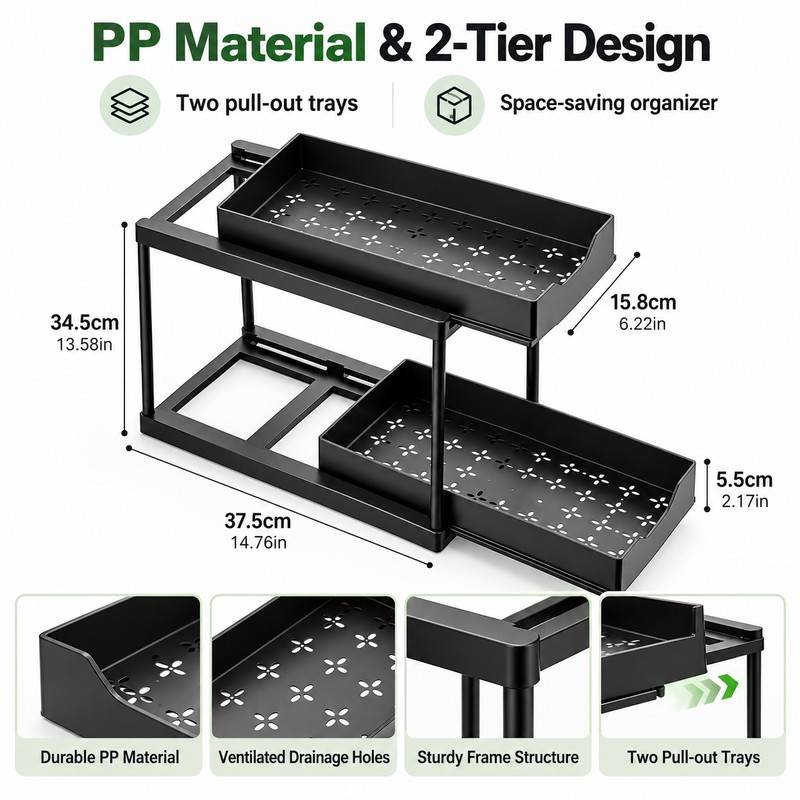 2-Tier Pull-Out Under Sink Organizer - Black Sliding Storage Rack