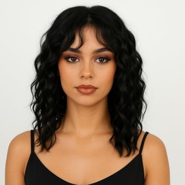 Women's Wig Black Natural Black Curly Wave Medium Length Shoulder Length with Fringe Tiered Fluffy Synthetic Heat Resistant