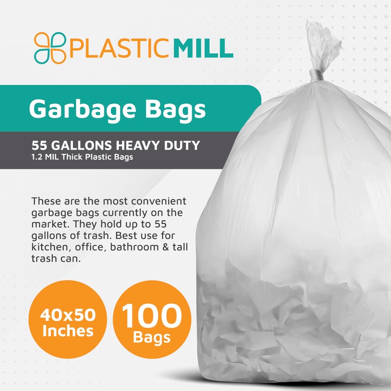 PlasticMill Heavy Duty Trash Bags - Clear Garbage Bags -