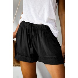 FEKOAFE Womens Drawstring Solid Shorts Casual Comfy Cotton Black Elastic Waist Pocketed Shorts Black M