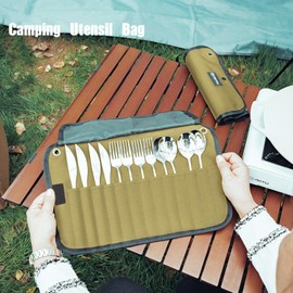 GCFTIFF 2pcs Camping Utensil Bag, Knife Roll Bag,Portable Knives Pouch,Canvas Roll Up Culinary Tableware Storage,Picnic Cutlery Organizer Bag,Cooking Utensils Hanging Bag,Travel Cutlery Pouch