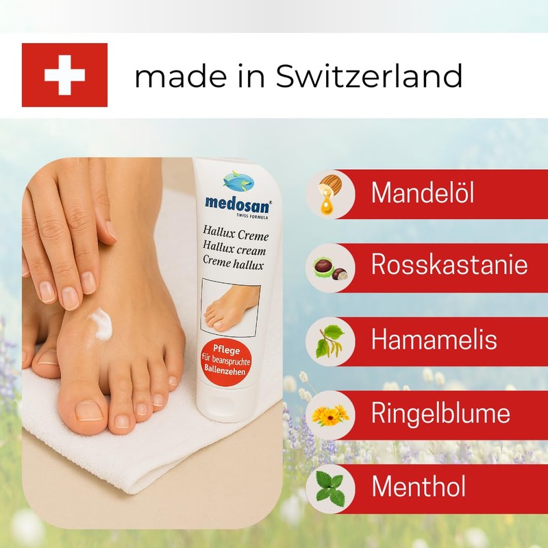 Medosan Hallux Creme, Fußpflege mit Mandelöl und Rosskastanie, Schweizer Formel