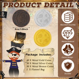 Hanaive 100 Pcs Metal Pirate Coins Pirate Gold Coins Treasure Chest Spanish Doubloon Fake Coins Tokens for Kids Board Games Pirate Party Cosplay (Gold, Silver, Bronze, Round)