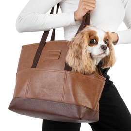 NoblePup Faux Leather Dog Carrier for Small Dogs, Water-Resistant Designer Dog Purse with Safety Harness, Fashion Pet Carrier for Dogs 5-15 lbs, Luxury Dog Shoulder Carrier, Brown