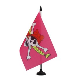 AZ FLAG - Pirate Girl Table Flag 21 x 14 cm - Small Pirate Flag Pink Office 100% Polyester with 25 cm Flag Pole and Black Plastic Base