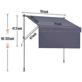 VEVOR Manual Retractable Awning, 78" Outdoor Retractable Patio Awning Sunshade Shelter, Adjustable Patio Door Window Awning Canopy with 39" Sun Shade Curtain for Backyard, Garden, Balcony, Dark Gray