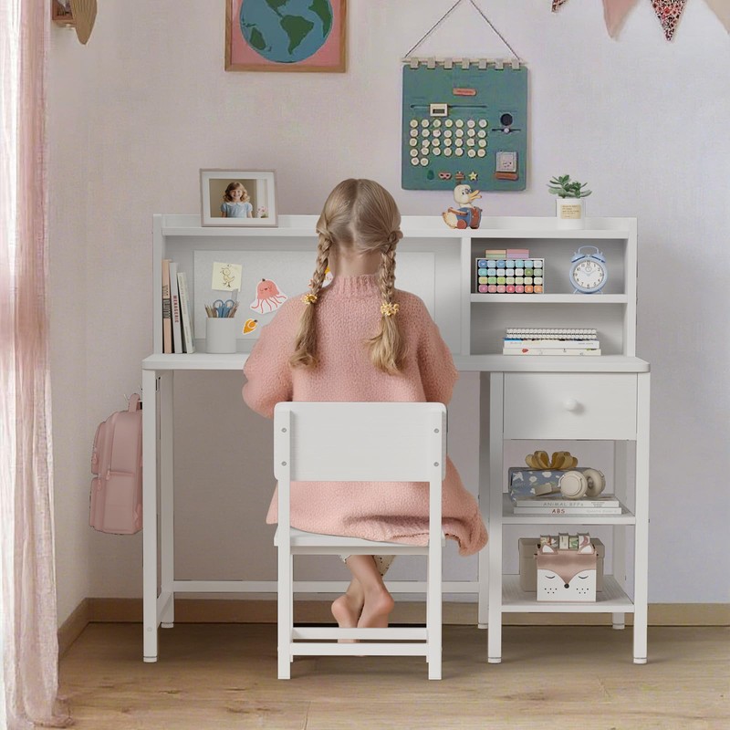 BOLUO White Kids Desk and Chair Set for 6-12 Year
