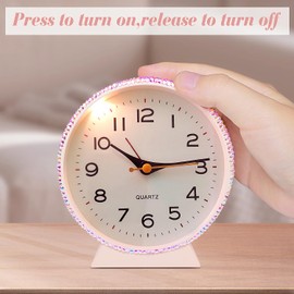 Yivaiks Shiny 4.5" Analog Alarm Clock，Bling Small Silent Retro Desk Clock，Metal Glitter Clock Table Decor for Living Room, Bedroom, Bedside, Shelf (Pink)