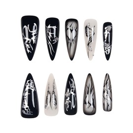 Press on Nails Long Stiletto Full Cover Acrylic Fake Nails with Black Butterfly Heart Designs Reusable Artificial Nails French Tip False Nails Almond Glue on Nails for Women Girls 24Pcs