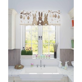 Easter Valance for Windows Bunny Eggs Curtains Valances Egg Branch Beige Plaid Rod Pocket Valance Window Treatments Spring Short Curtains for Kitchen Living Room Bedroom Holiday Decor 54x18 Inch
