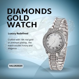 Halukakah Diamonds Gold Watch Iced Out for Boy Teens Kids - Platinum Plated, Arabic Numerals Round Dial, Japanese Quartz - 7.7" Length - Comes with Cuban Chain 16" - for Birthday, Parties