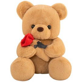 Valentine's Day Gifts for Kids, Teddy Bear, Valentine's Day Stuffed Toy with Rose, 25cm Soft Fabric Bear Plush Toy, Birthday Valentine's Day Gifts for Him Girlfriend Boyfriend (Brown)