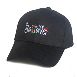 Christmas Believe Baseball Cap for Women Men, Adjustable Embroidered Classic Cotton Snapback Hat Black