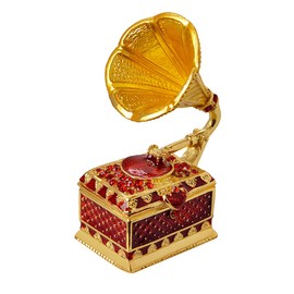 FJ FENGZHIJIE Trinket Box Gramophone Decor Gold Plated Crystal Phonograph Model Treasure Box Ring Case Giftable Souvenir