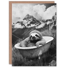 Artery8 Greeting Card Sloth in Bathtub on Mountain Black White Surreal Blank For Him Or Her Art Birthday Card