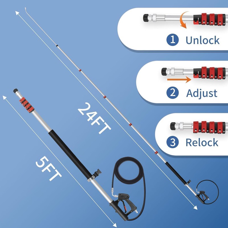 LidoDola 24FT Telescoping Pressure Washer Wand Kit - 2 Extension