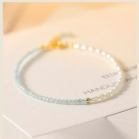 Unbranded Natural Crystal Aquamarine Rice Pearl Beaded Healing Elegant Bracelet for Women