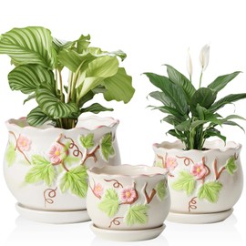 Crotlehg Ceramic Plant Pots, Round Flower Pots for Indoor Plants,3.9+5.1+6.7 Inch Flower Planters with Drainage Holes and Saucer,Set of 3,Home Decor