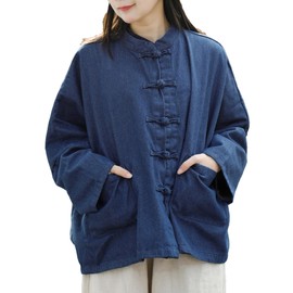 FioraMosaic Women's denim blue top casual retro jacket Chinese frog button coat (US, Alpha, One Size, Regular, Regular, Dark Blue)