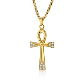 Puzamen Ankh Cross Necklace for Men Women with Cubic Zircon 316L Stainless Steel Silver Gold Black Plated Ankh Pendant Necklace Ancient Egyptian Mens Fashion Jewelry
