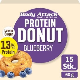 Body Attack Protein Doughnut, Blueberry, 15 x 60 g, 13% Protein Made from High-Quality Egg and Whey Protein, Palm Oil Free, Vegetarian, Low Sugar, Perfect Alternative to Conventional Pastries, Box