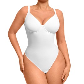 FeelinGirl Shapewear Bodysuits for Women Tummy Control: Thong Body Suit with Underwire Deep V Neck Sculpting Snatched Waist Body Shaper, White, M