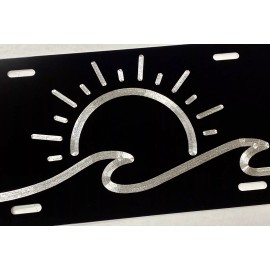 Diamond Etched Products Engraved Sun Ocean Wave Beach Car Tag Diamond Etched Black Metal License Plate