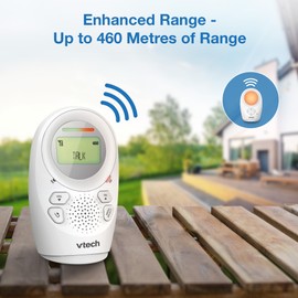 VTech DM1211 Audio Baby Monitor, Long range,Baby monitor with 2-way talk, Noise Level Display, Temperature Sensor, Soothing Sounds, Parent Unit Belt Clip