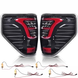 PIT66 LED Tail Lights Pair w/Red Light Bar&wiring harness Compatible with Ford F150 2009-2014 Clear Lens Black Housing Red Light Bar Rear Tail Lamp Lights Assembly