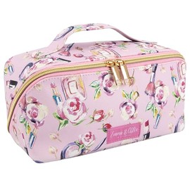 Emma & Chloe Compact Cosmetic Bag with Compartments | 6 Sections Waterproof Travel Toiletry Makeup Case for Women – 180° Easy Open Bag (Fresh Florals)