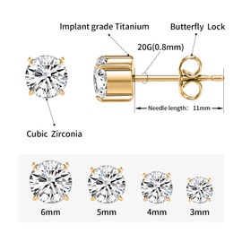 1 Pair Implant Grade Titanium Stud Earrings Set Hypoallergenic 4mm Cubic Zirconia Gold Earrings for Women Men for Sensitive Ear