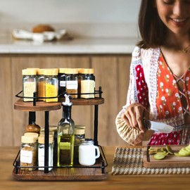 SAOCAIHUL Wooden Spice Rack Organizer Lazy Susans Rotating Countertop 2 Tiered Display Shelf Kitchen Adjustable Height Spinning Spice Rack 11.8INCH Large Capacity Pine Wooden