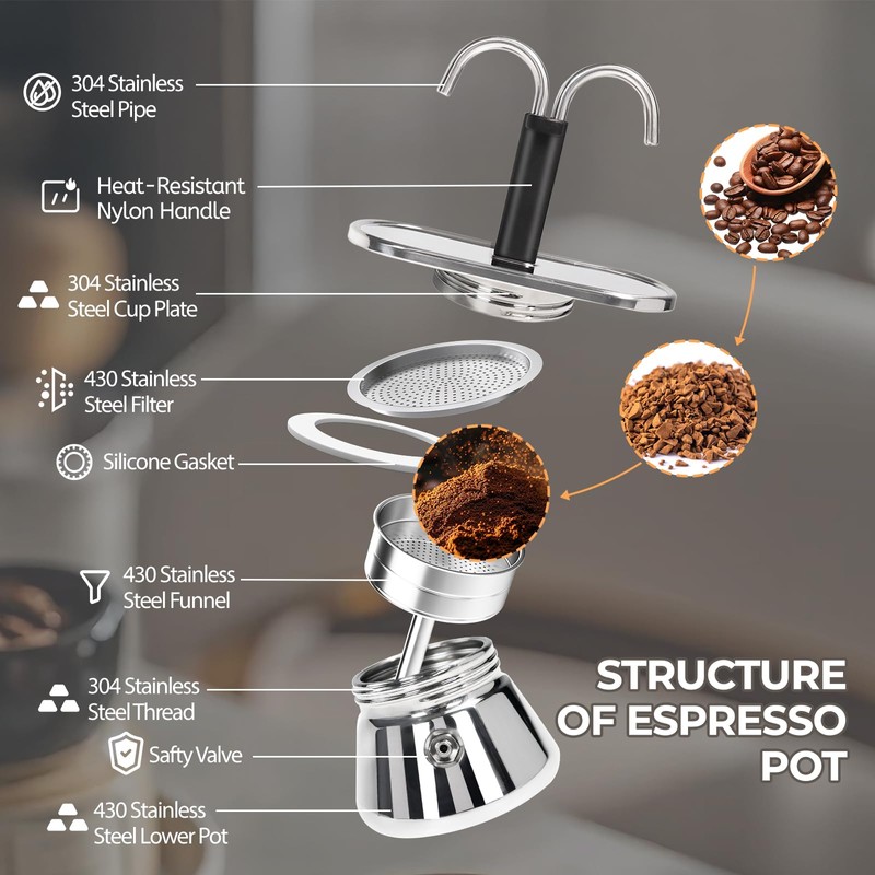 Uncoated 2 Cup Dual Pipe Moka Pot 304 Thickened Stainless