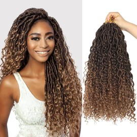 Beyond Beauty Goddess Locs Crochet Hair Pre Looped Curly Goddess Faux Locs Crochet Hair for Black Women Wavy Crochet with Curly Hair in the Middle and Ends Synthetic (7 Packs-18 Inches, T30)