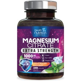 Health Nutrition Naturals Cápsulas de citrato de magnesio de 1000 mg polvo de magnesio de máxima absorción para fortalecer músculos, nervios, huesos  