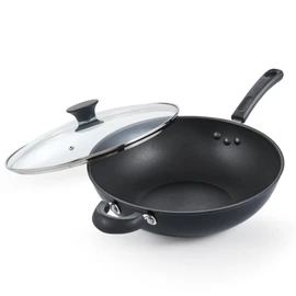 Cook N Home Hard Anodized Nonstick Wok with Lid 12-Inch, Non Stick Stir-Fry Pan, Flat Bottom Wok Pan, Induction Cookware, Black