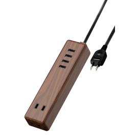 Elecom ECT-0415W Power Supply Tap, USB Tap, 12W (4 USB Ports, 2 Outlets), 4.9 ft (1.5 m), Walnut