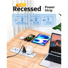 Recessed Power Strip with 20W USB C Port, Fast Charging USB A Port Conference Recessed Outlet, Space-Saver for Furniture Side Table, End Table, Desk Outlet with 6ft Cord, 45° Thin Flat Plug, White