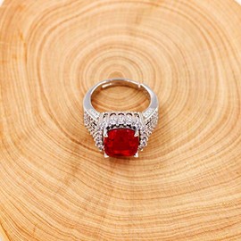 Uloveido White Gold Plated Cushion Cut Simulated Ruby Rings Adjustable, Red Zircon CZ Cluster Statement Ring for Women Y987
