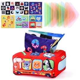 COREJOY Juguetes de Caja de pañuelos, Caja de pañuelos para Montessori, Juguetes sensoriales para recién Nacidos, Caja de pañuelos mágicos, Coche