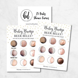 25 Beer Belly or Pregnant Bump Fun Baby Shower Game Idea For Girl or Boy Cute Gold Gender Neutral Party, Funny Activity Questions at Gender Reveal Bundle, For Kids, Mom, Dad, Women Men Coed Unisex Set