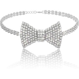 Sparkly Rhinestone Choker Glitter Bowtie Necklace Bowknot Tennis Chain Party Wedding Costume Jewelry for Women (Silvery, One size)