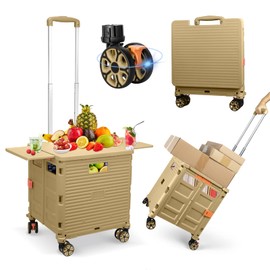 FELICON SELORSS Folding Utility Cart Portable Rolling Crate Handcart with Magnetic Sliding Lid Telescoping Handle Plastic Box Dolly 360°Swivel Wheels for Travel Shop Move Office Teacher(Khaki Pro)