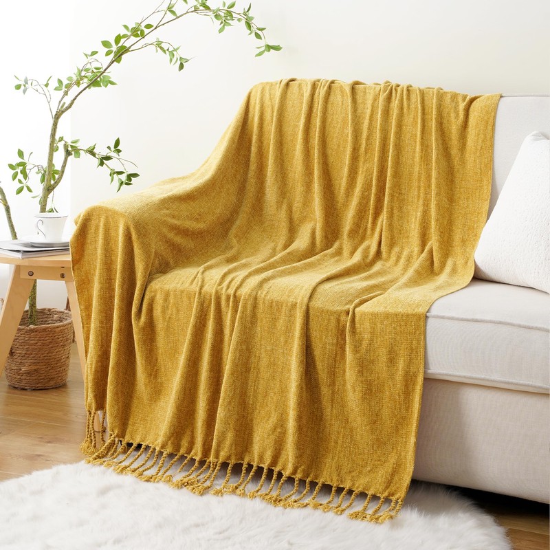 BATTILO HOME Gold Chenille Throw Blanket for Couch, Decorative Fringe