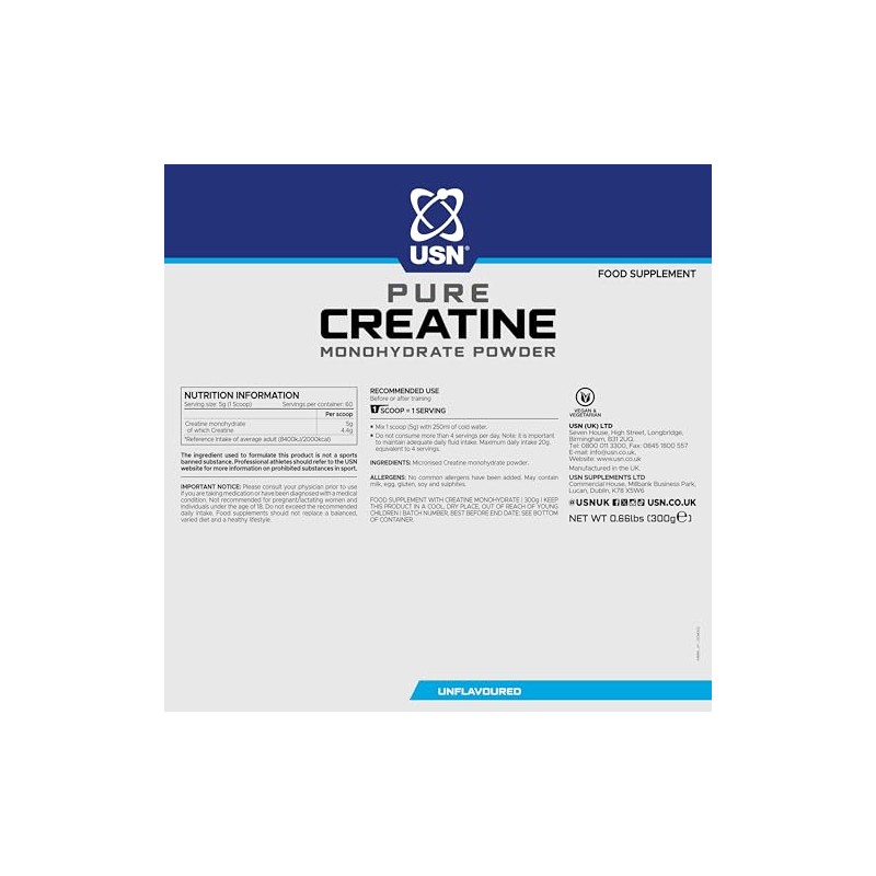 USN Pure Creatine Monohydrate Powder 300g - Unflavoured I 60