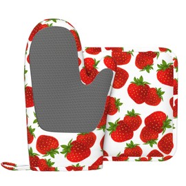 Silicone Oven Mitts and Pot Holders Sets, Home Cute Strawberry Heat Resistant BBQ Gloves for Kitchen Baking Cooking Grilling Microwave